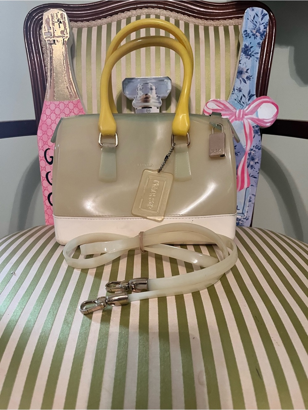 Furla Pale Green PVC Satchel with Yellow Handles and White Base